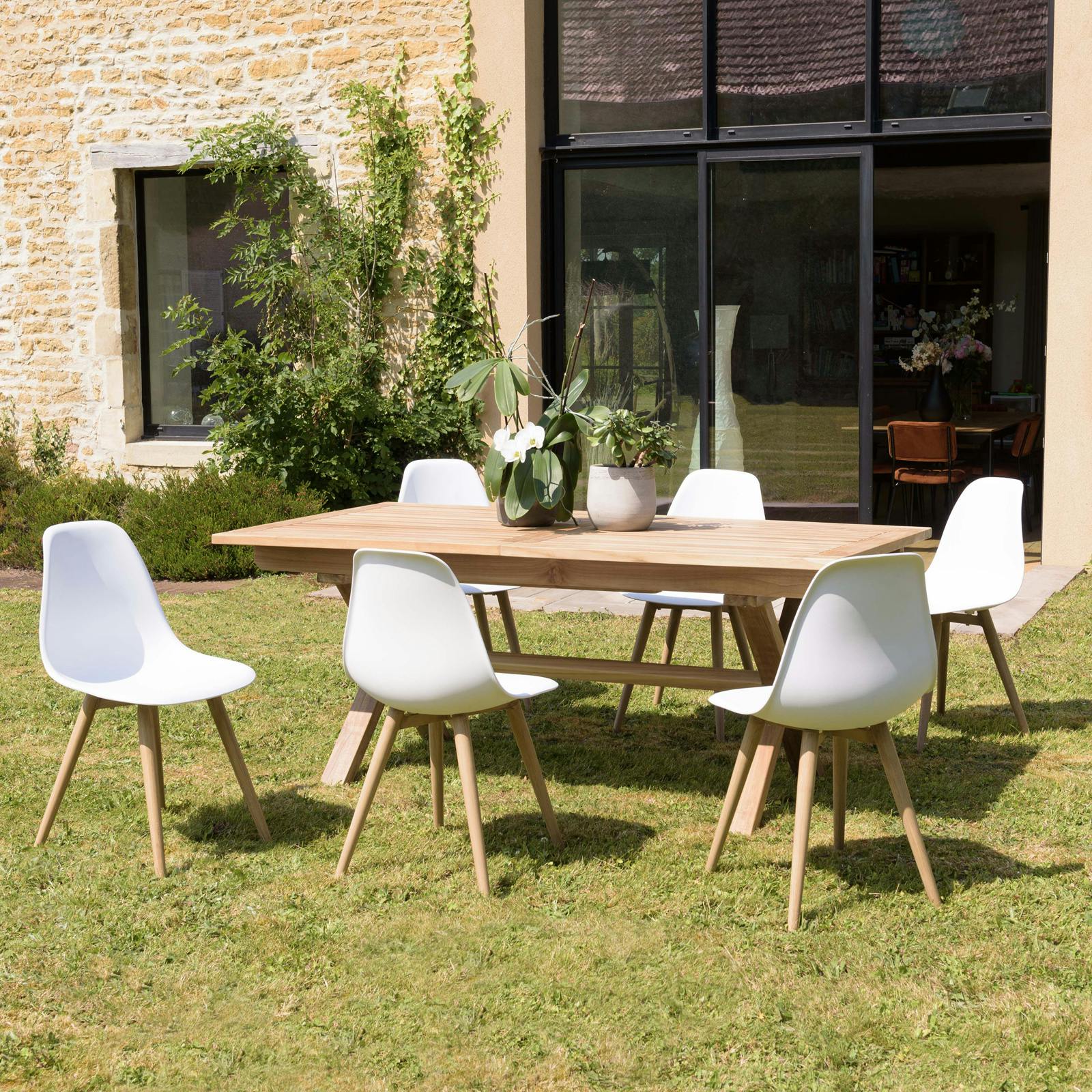 Salon de jardin 1 table teck 180x100 cm - 6 chaises blanches pieds couleur naturelle GIJON