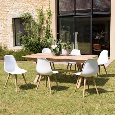  Salon de jardin 1 table teck 180x100 cm - 6 chaises blanches pieds couleur naturelle GIJON