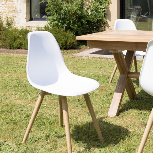 Salon de jardin 1 table teck 180x100 cm - 6 chaises blanches pieds couleur naturelle GIJON