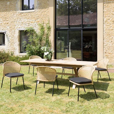  Salon de jardin 1 table teck 180x100 cm - 6 chaises rotin synthétique couleur naturelle coussin noir GIJON