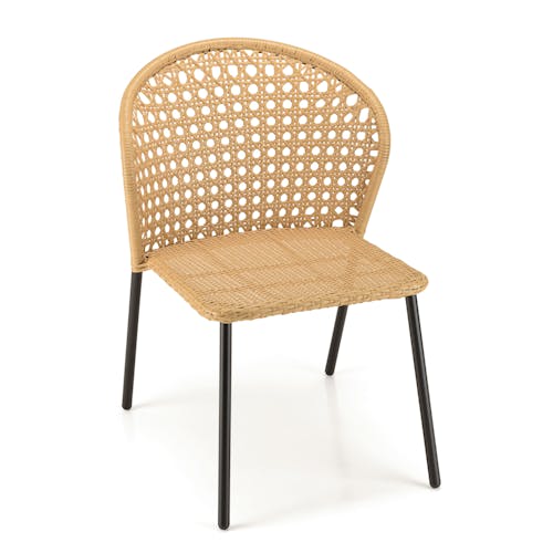 Salon de jardin 1 table teck 180x100 cm - 6 chaises rotin synthétique couleur naturelle coussin noir GIJON