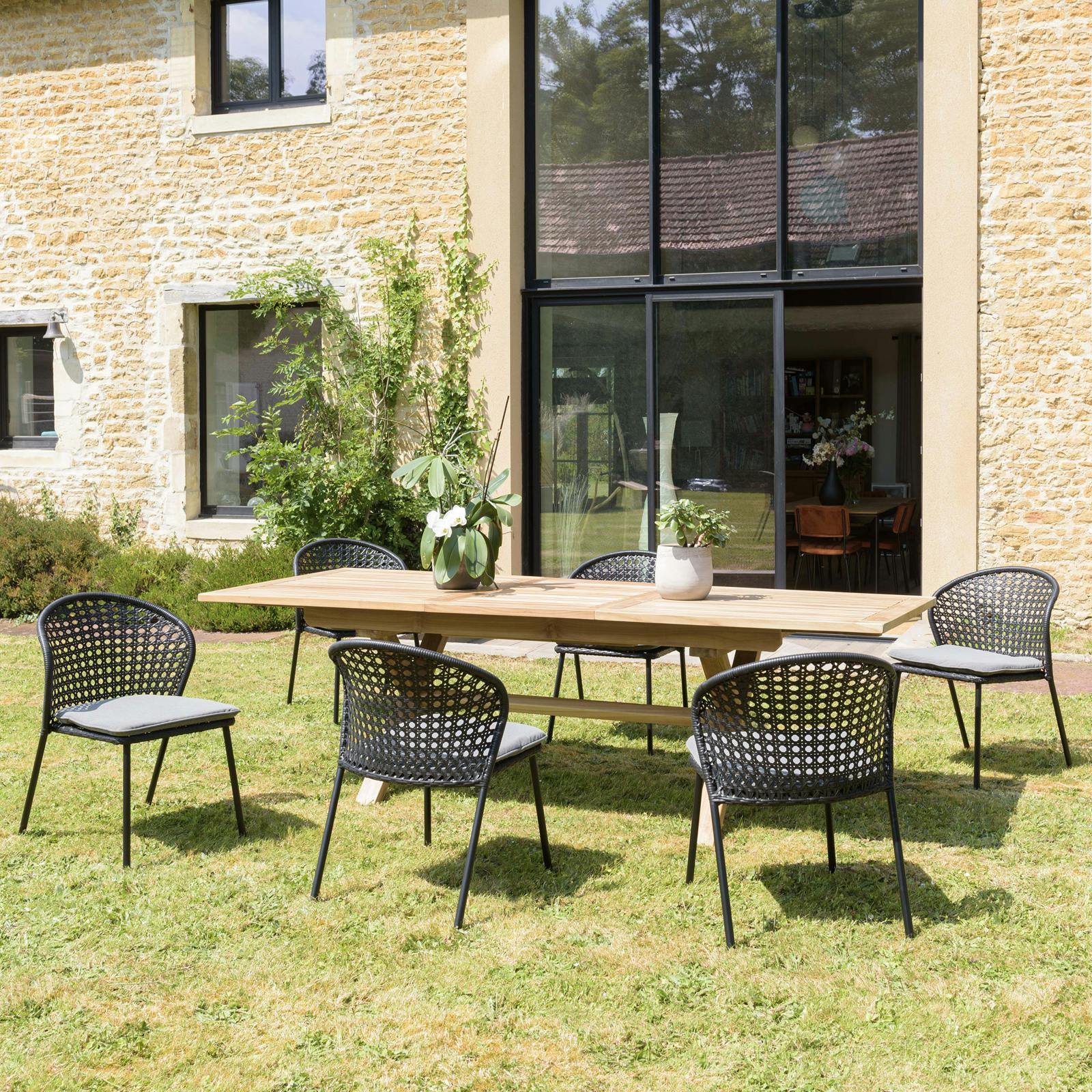 Salon de jardin 1 table teck 180x100 cm - 6 chaises rotin synthétique noir coussin gris GIJON