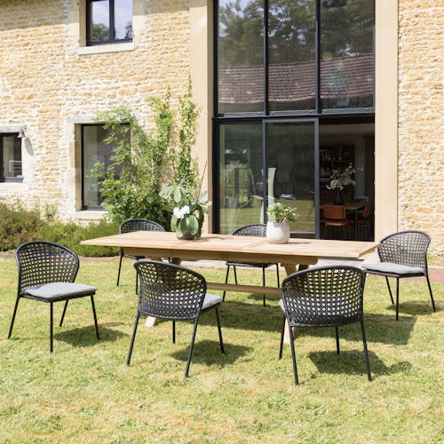 Salon de jardin 1 table teck 180x100 cm - 6 chaises rotin synthétique noir coussin gris GIJON