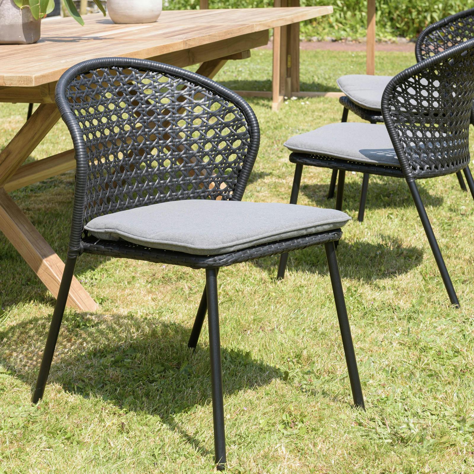 Salon de jardin 1 table teck 180x100 cm - 6 chaises rotin synthétique noir coussin gris GIJON