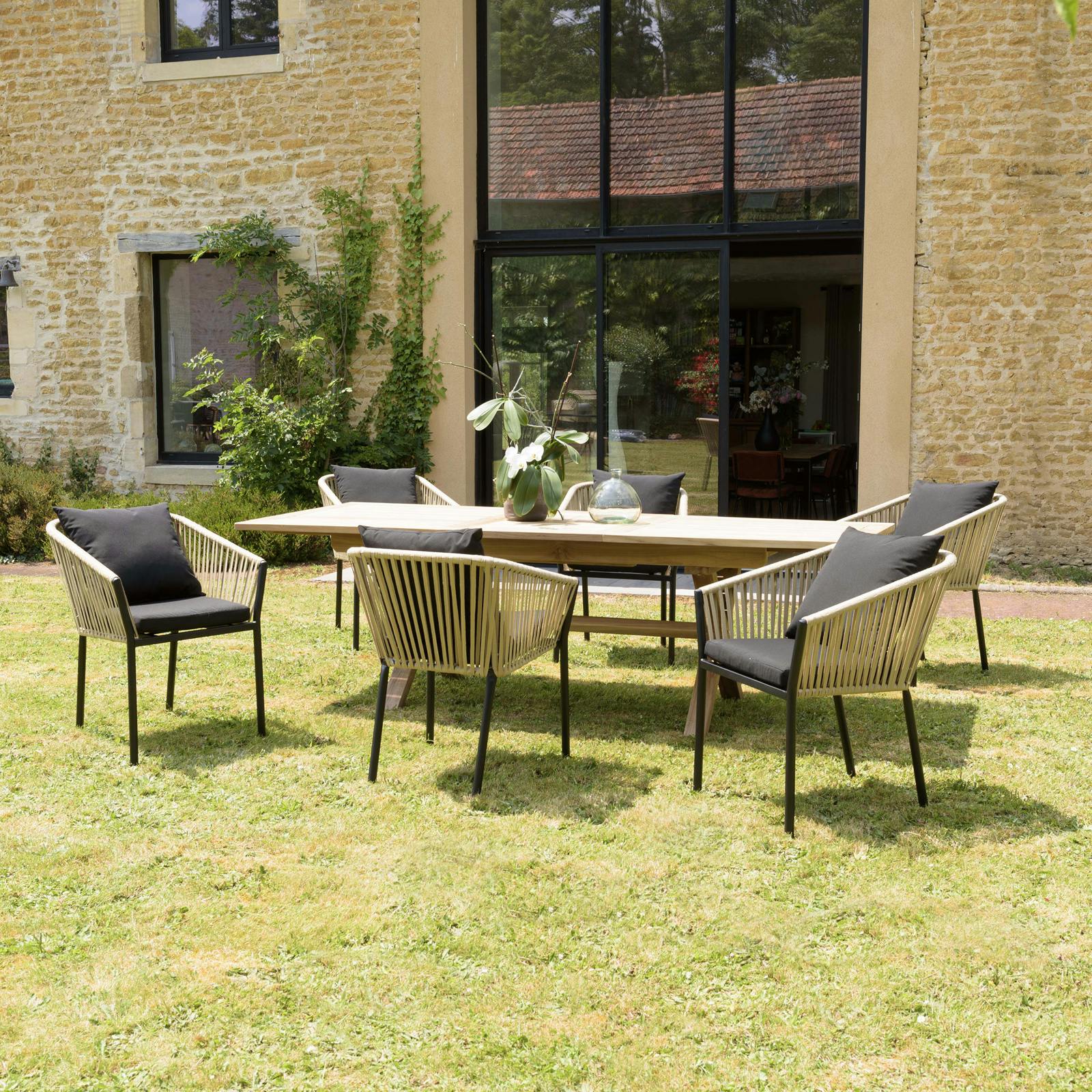 Salon de jardin 1 table teck 180x100 cm - 6 fauteuils cordage couleur naturelle 2 coussins noirs GIJON