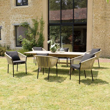  Salon de jardin 1 table teck 180x100 cm - 6 fauteuils cordage couleur naturelle 2 coussins noirs GIJON