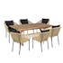 Salon de jardin 1 table teck 180x100 cm - 6 fauteuils cordage couleur naturelle 2 coussins noirs GIJON