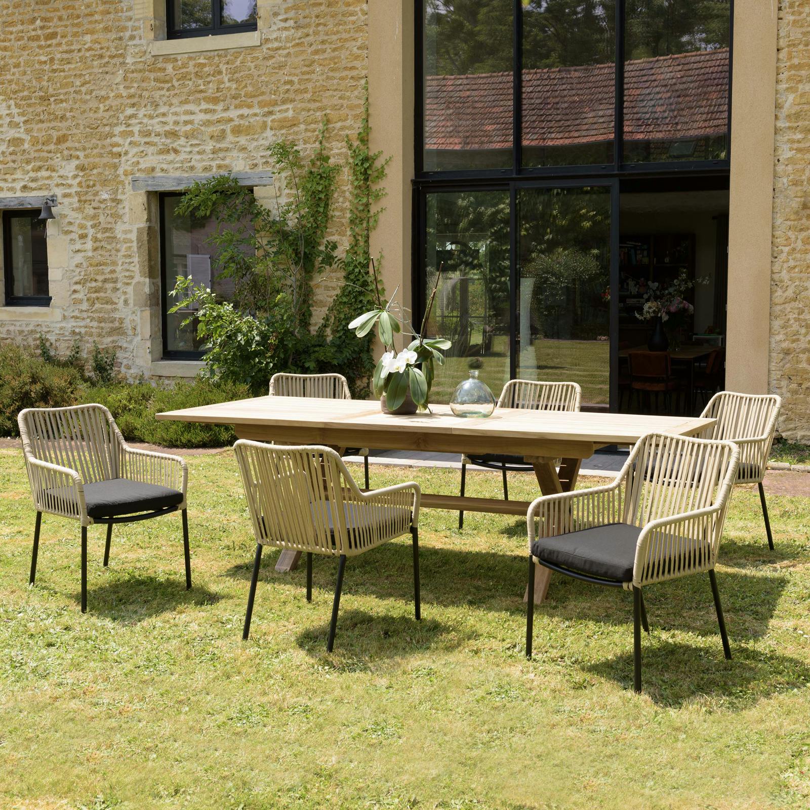 Salon de jardin 1 table teck 180x100 cm - 6 fauteuils cordage couleur naturelle coussin noir GIJON