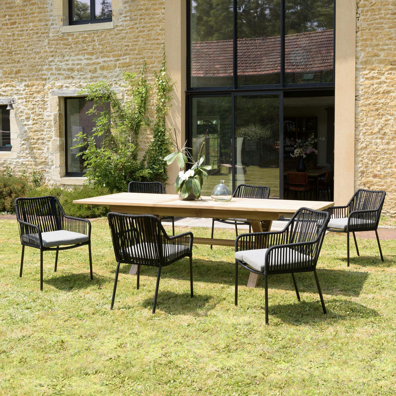 Salon de jardin 1 table teck 180x100 cm - 6 fauteuils cordage noir 1 coussin gris GIJON