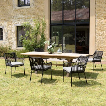  Salon de jardin 1 table teck 180x100 cm - 6 fauteuils cordage noir 1 coussin gris GIJON