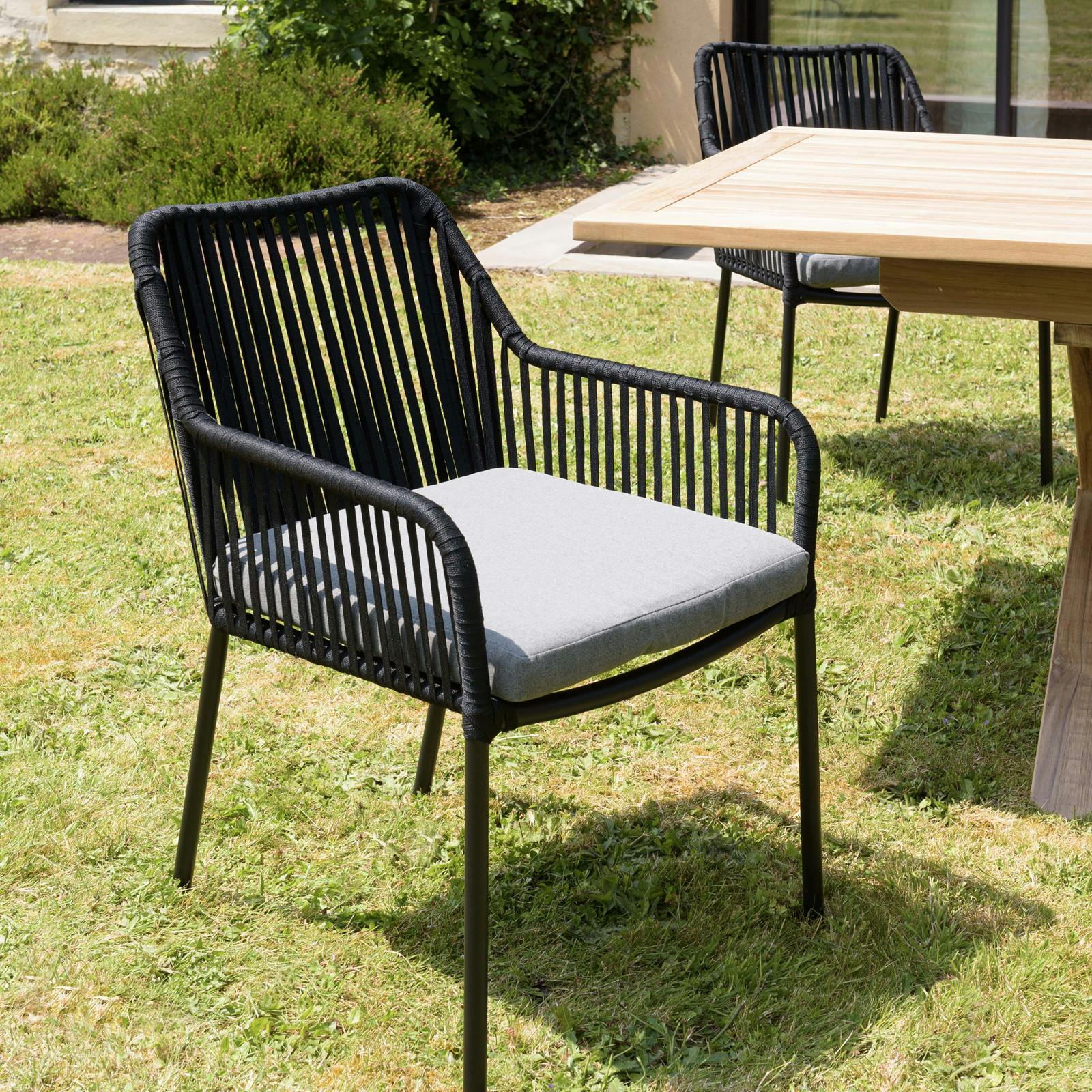 Salon de jardin 1 table teck 180x100 cm - 6 fauteuils cordage noir 1 coussin gris GIJON