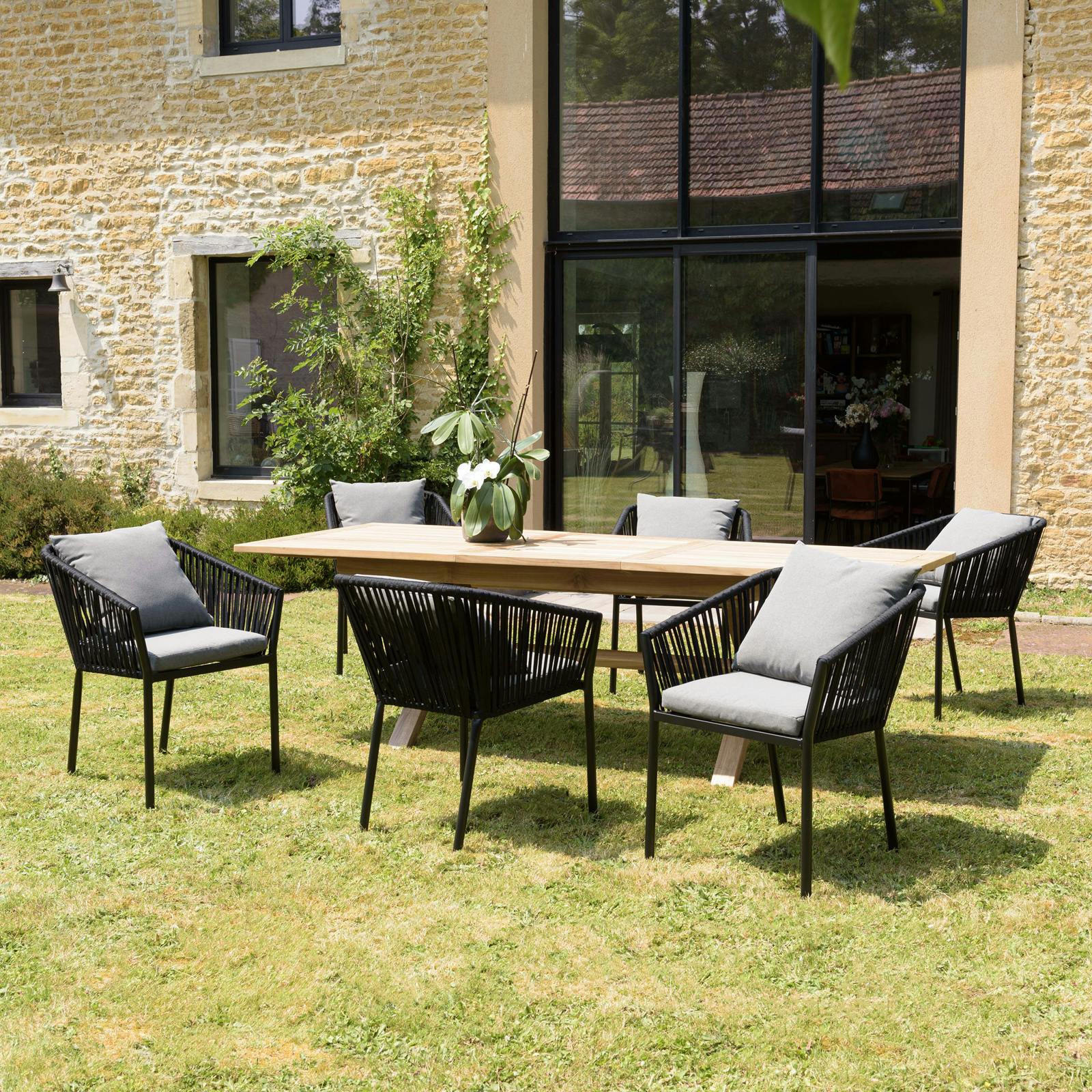 Salon de jardin 1 table teck 180x100 cm - 6 fauteuils cordage noir 2 coussins gris GIJON