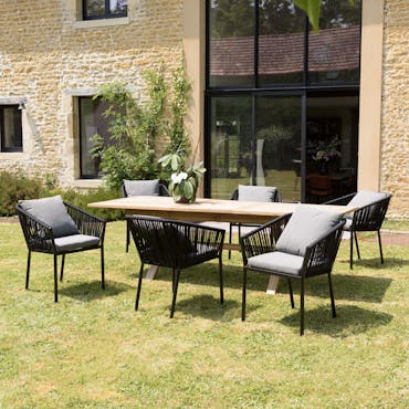  Salon de jardin 1 table teck 180x100 cm - 6 fauteuils cordage noir 2 coussins gris GIJON