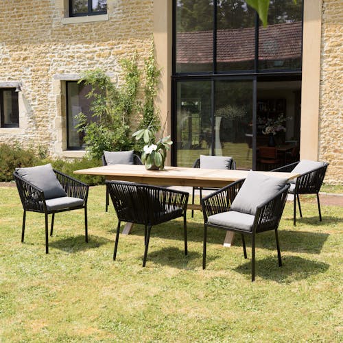 Salon de jardin 1 table teck 180x100 cm - 6 fauteuils cordage noir 2 coussins gris GIJON