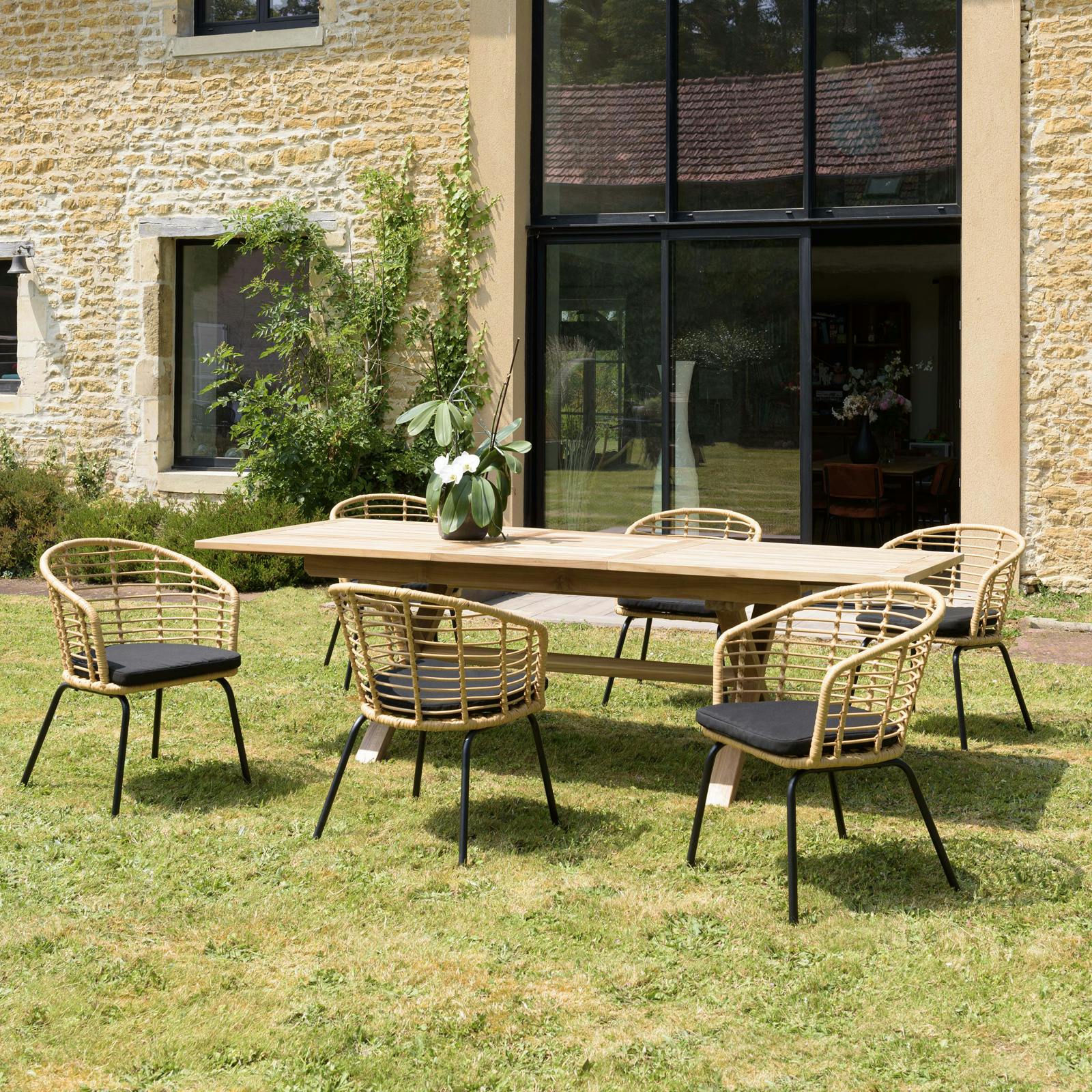 Salon de jardin 1 table teck 180x100 cm - 6 fauteuils rotin synthétique ajouré couleur naturelle coussin noir GIJON