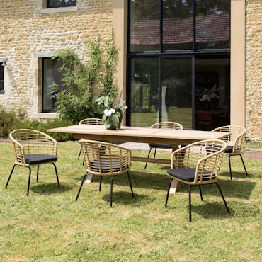 Salon de jardin 1 table teck 180x100 cm - 6 fauteuils rotin synthétique ajouré couleur naturelle coussin noir GIJON