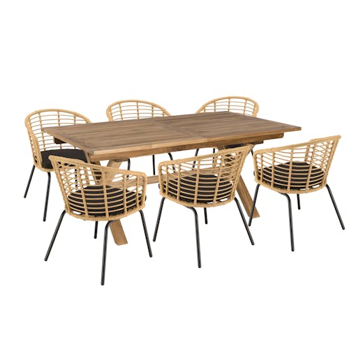Salon de jardin 1 table teck 180x100 cm - 6 fauteuils rotin synthétique ajouré couleur naturelle coussin noir GIJON