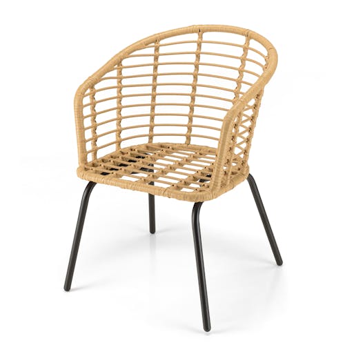 Salon de jardin 1 table teck 180x100 cm - 6 fauteuils rotin synthétique ajouré couleur naturelle coussin noir GIJON