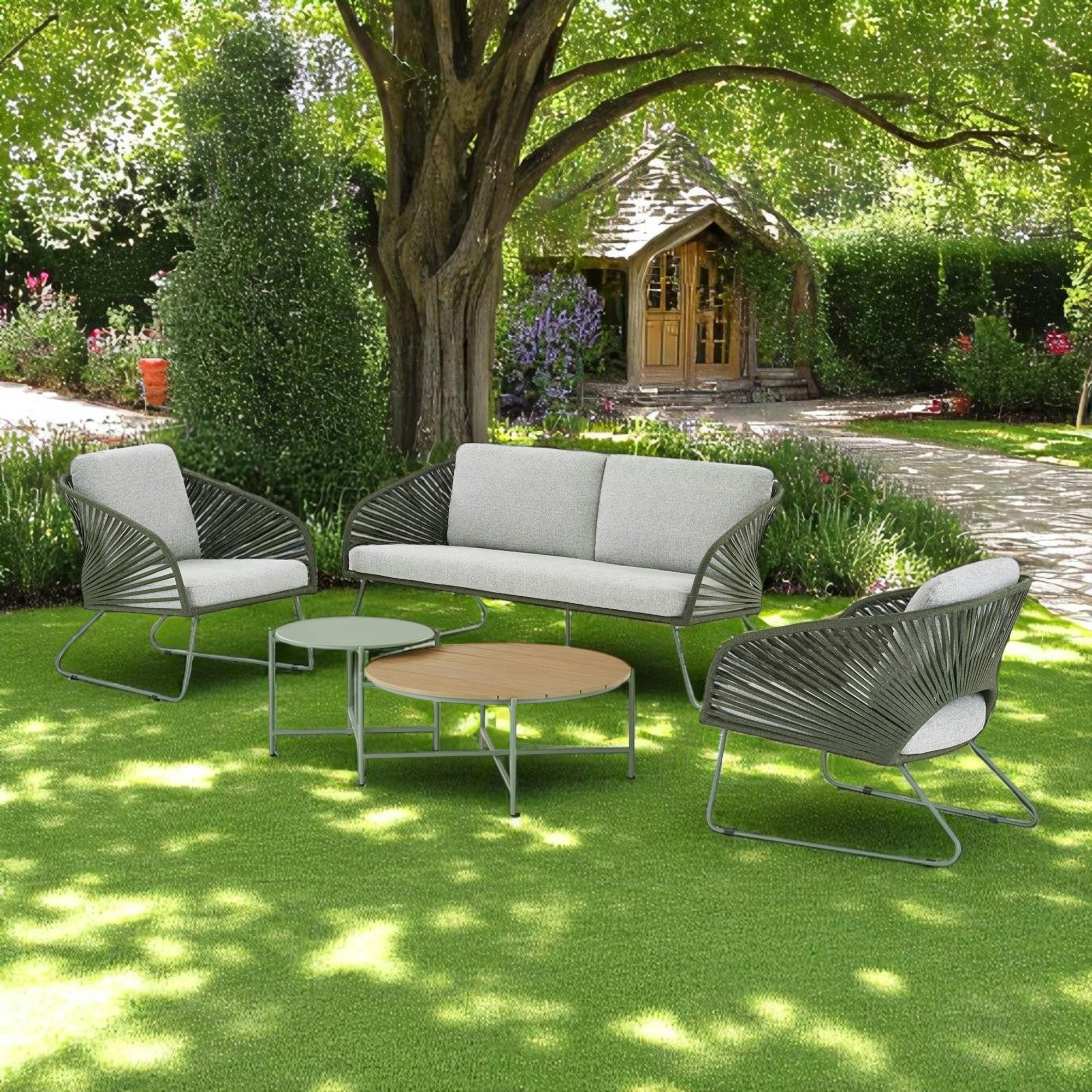 Salon de jardin 4 places avec tables basses, couleur verte MENDOZA
