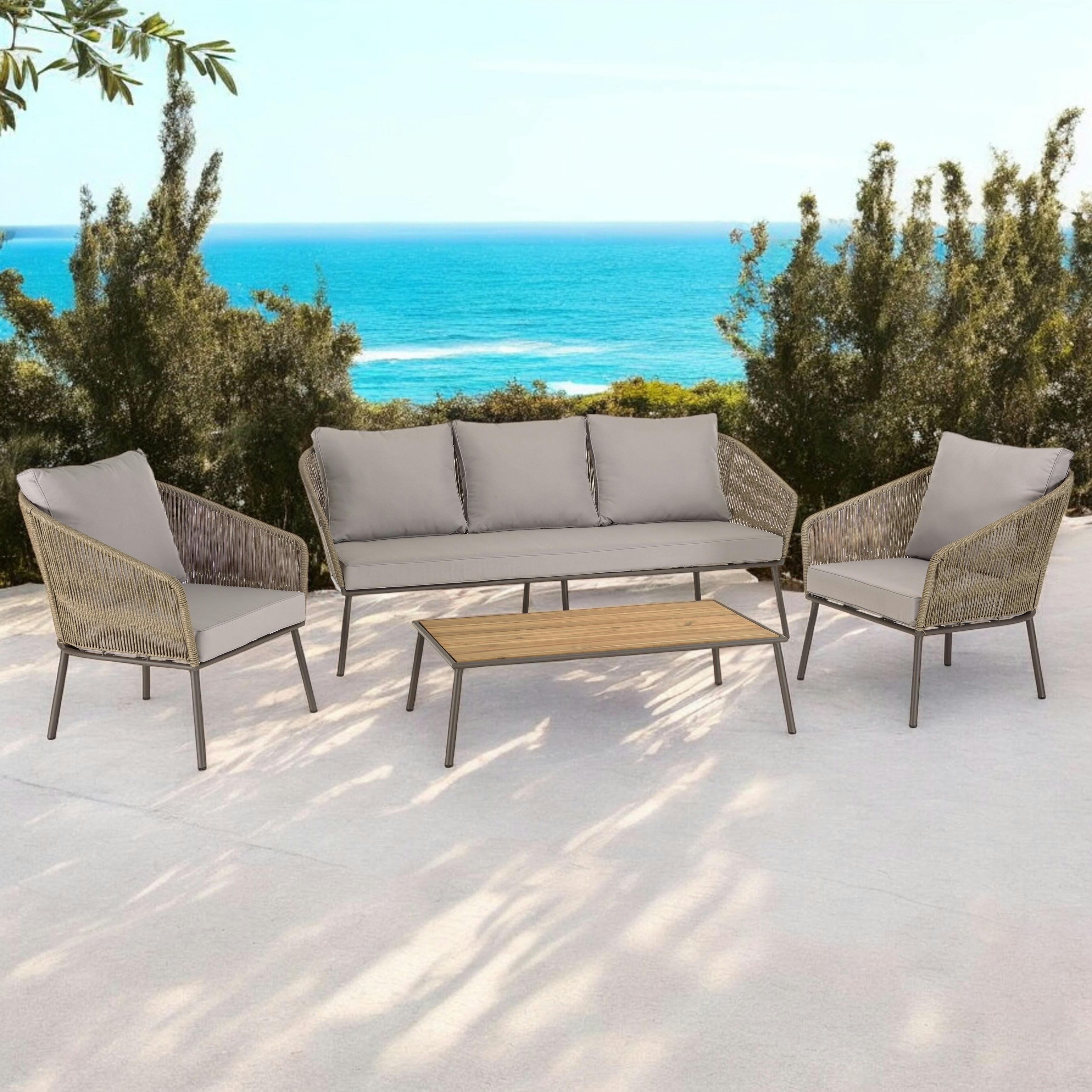 Salon de jardin 5 places acier, cordage synth. taupe, acacia huilé GRENADE