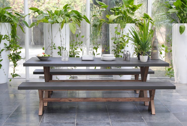 Salon de jardin Aspect Béton et piètement en Acacia Table 200x100x75cm + 2 bancs 200x40x45cm HERCULE