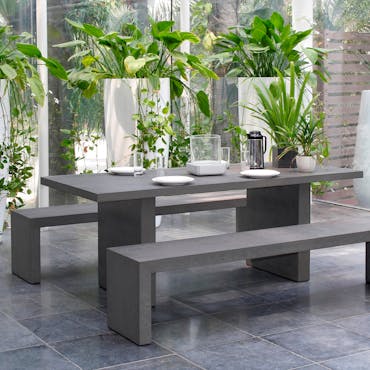  Salon de jardin Aspect Béton Table 200x90x75cm + 2 bancs 200x40x45cm HERCULE