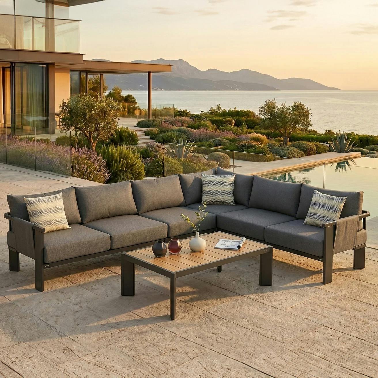 Salon de jardin canapé d'angle 5 places + table basse LIGO