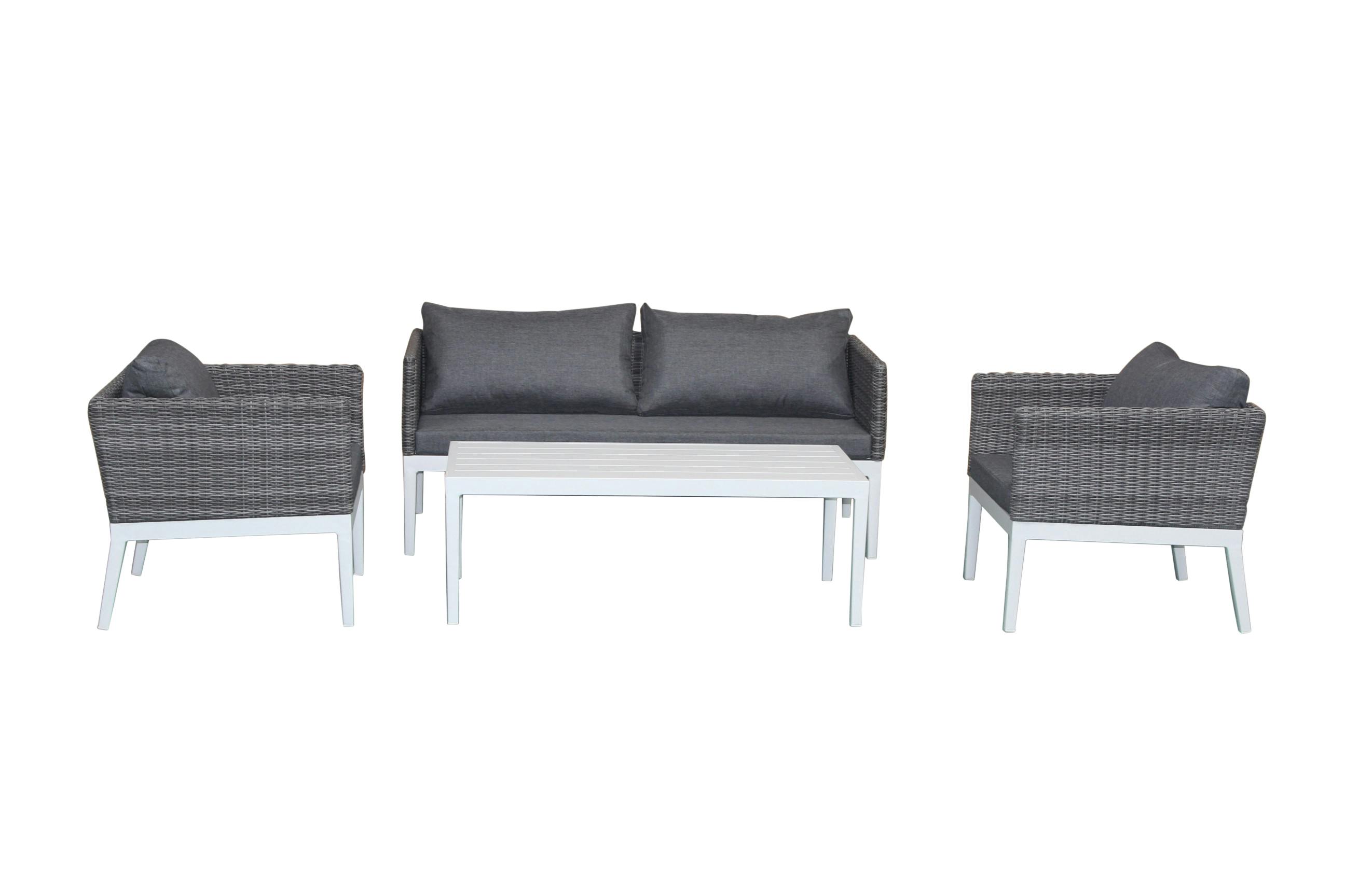 Salon de Jardin CAP-FERRET 4 pièces en aluminium blanc et résine tressée grise et coussins tissu gris