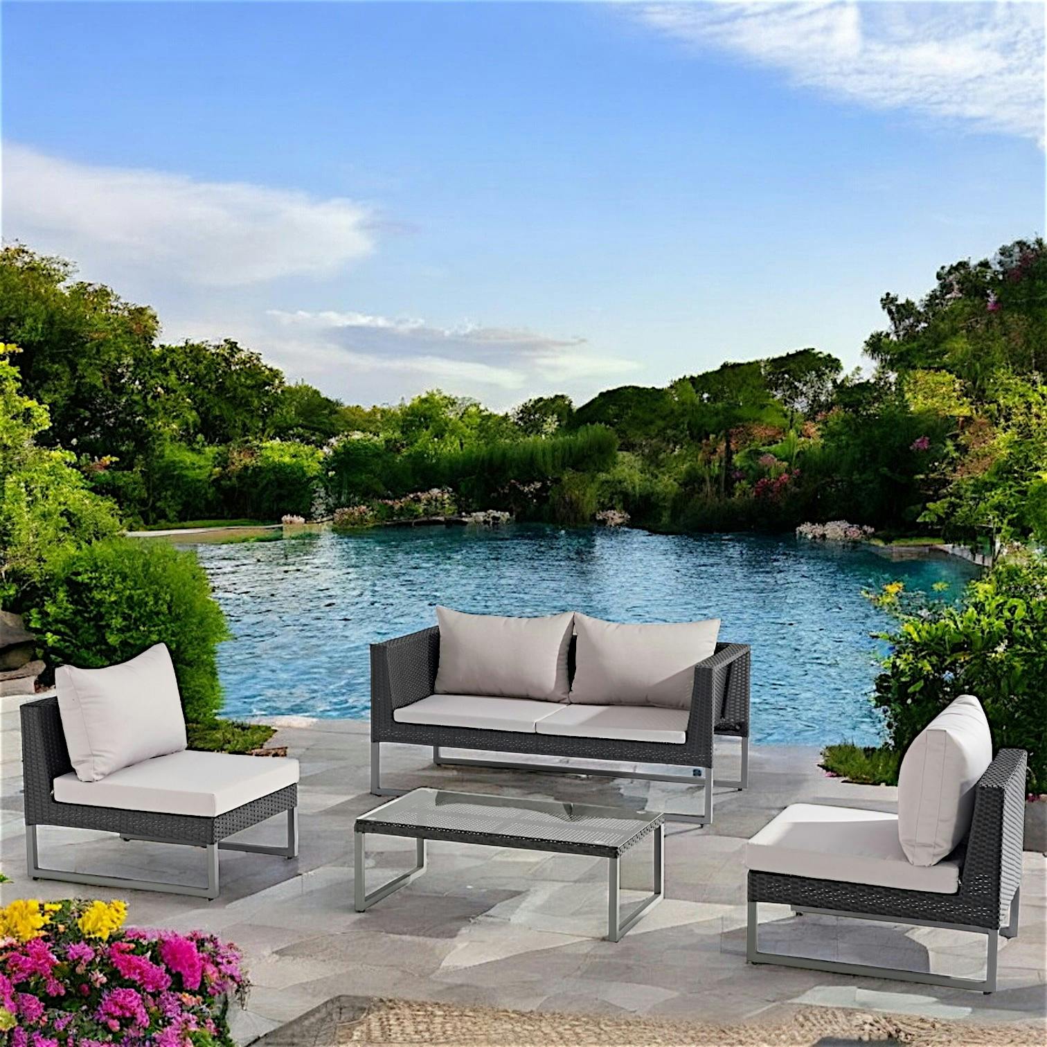 Salon de Jardin CLEVER 4 pièces en aluminium gris anthracite et résine tressée noire et coussins tissu gris clair