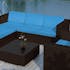 Salon de Jardin résine noire 1 table basse 1 fauteuil 1 canapé d'angle coussins bleus COPACABANA