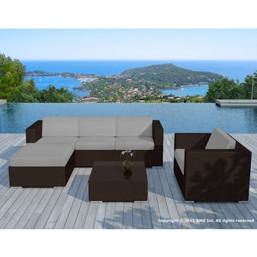 Salon de Jardin en résine couleur chocolat et coussins blanc écru + housses tissu gris COPACABANA