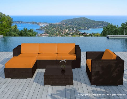 Salon de Jardin en résine et coussins tissu orange fauteuil + canapé d'angle + table basse COPACABANA