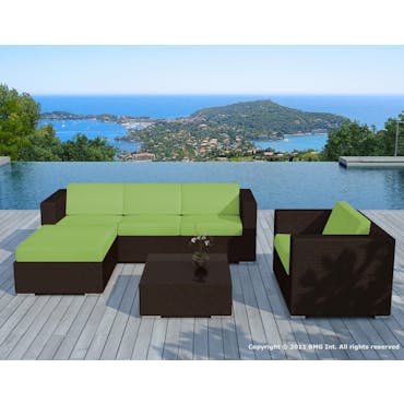 Salon de jardin en résine couleur chocolat + housses de coussin tissu vert COPACABANA