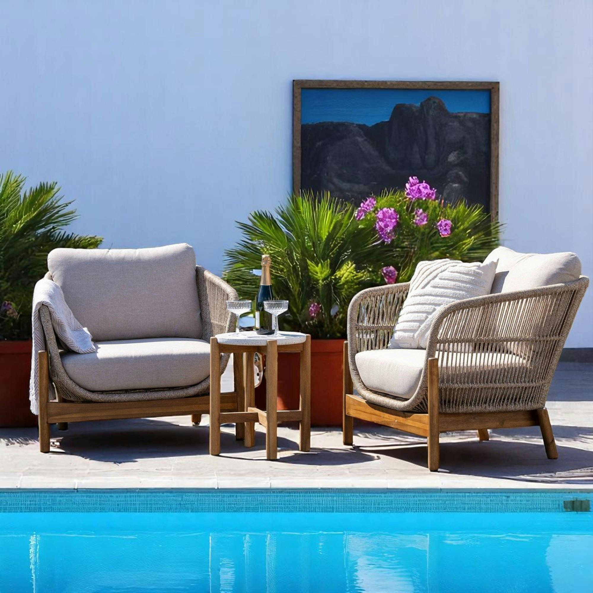 Salon de jardin détente en bois d'acacia et corde tressée (2 fauteuils, 1 petite table ø36 cm) MENDOZA