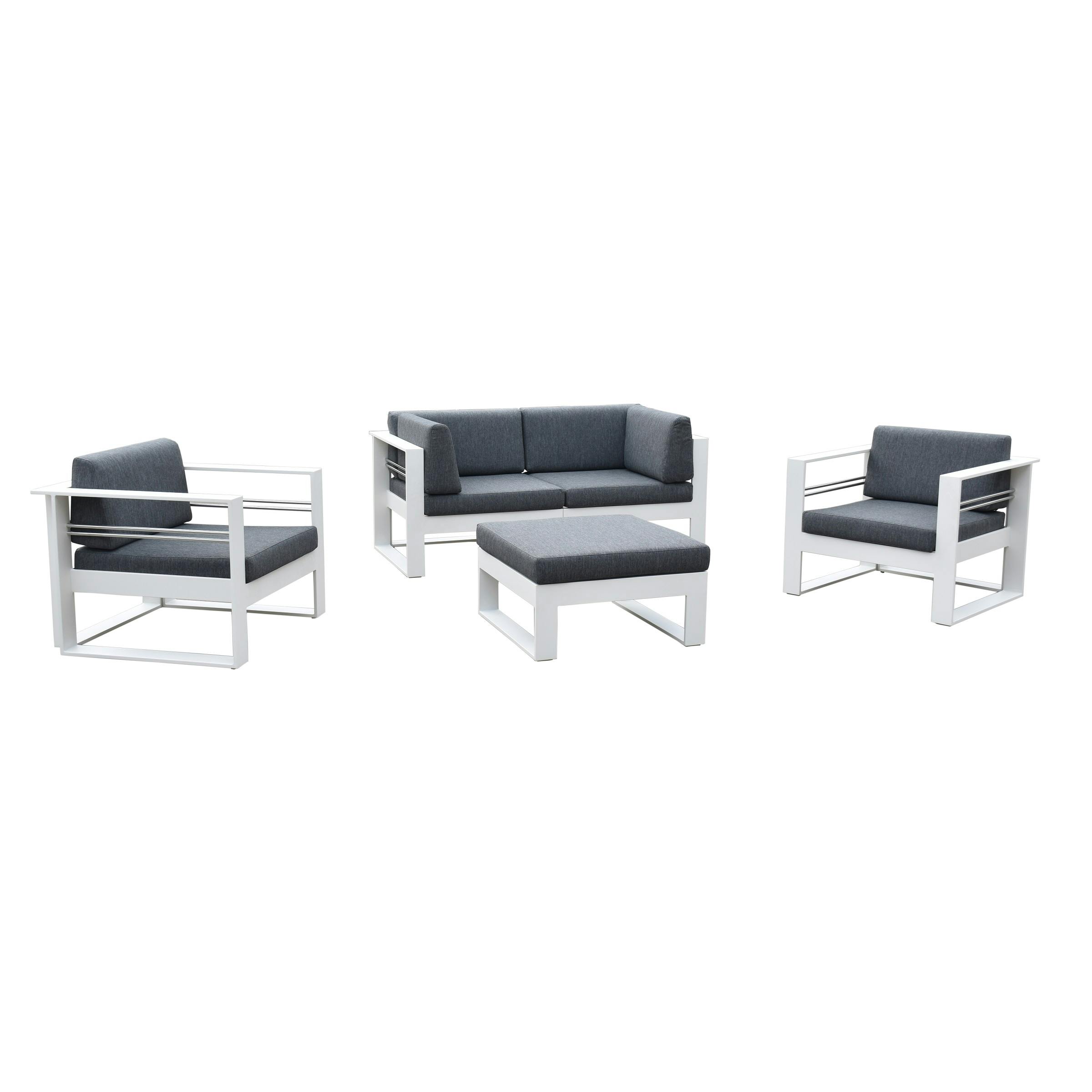 Salon de jardin en aluminium blanc coussins gris foncé SAINT TROPEZ