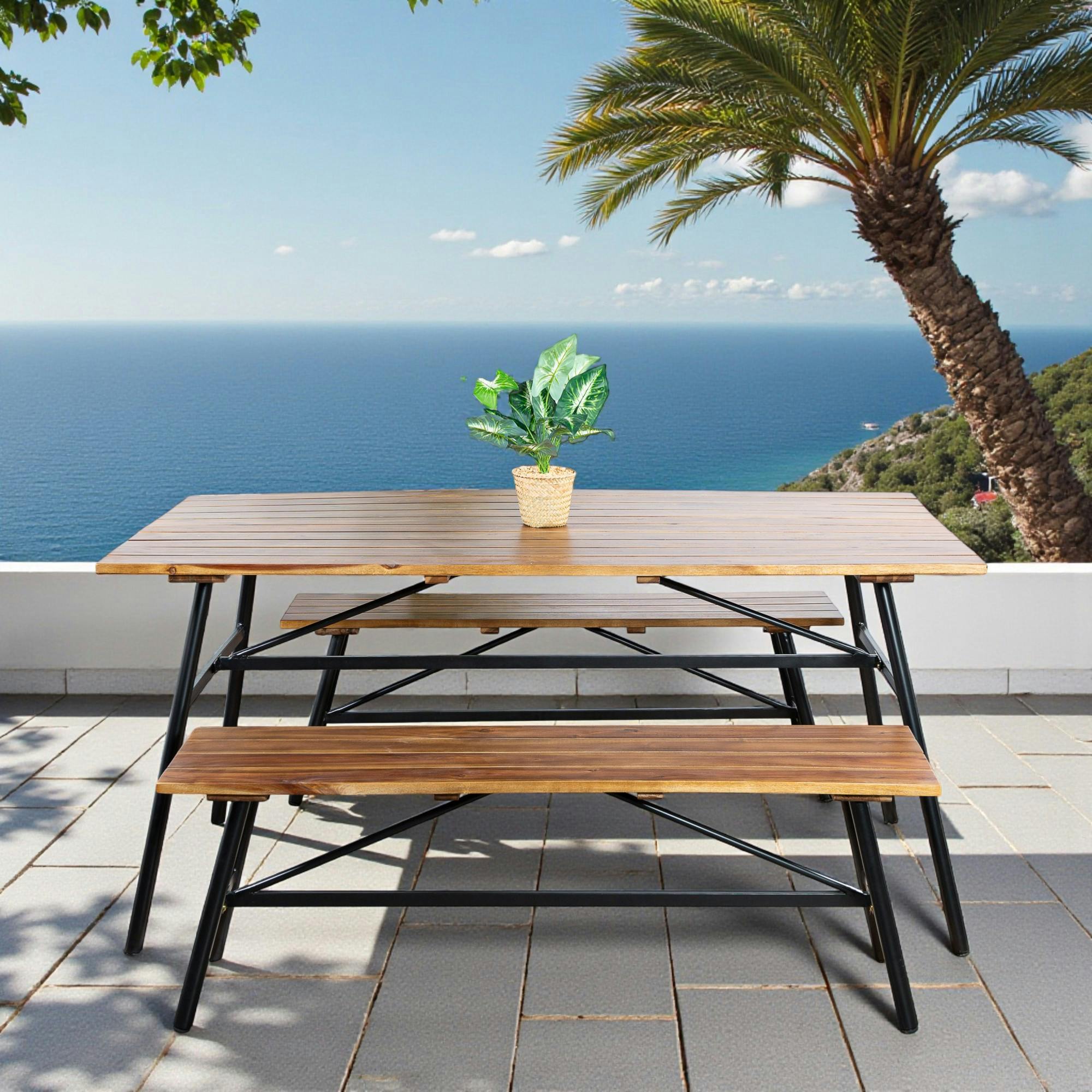 Salon de jardin en bois d'acacia (1 table à manger 160 cm + 2 bancs 130 cm) BAHIA