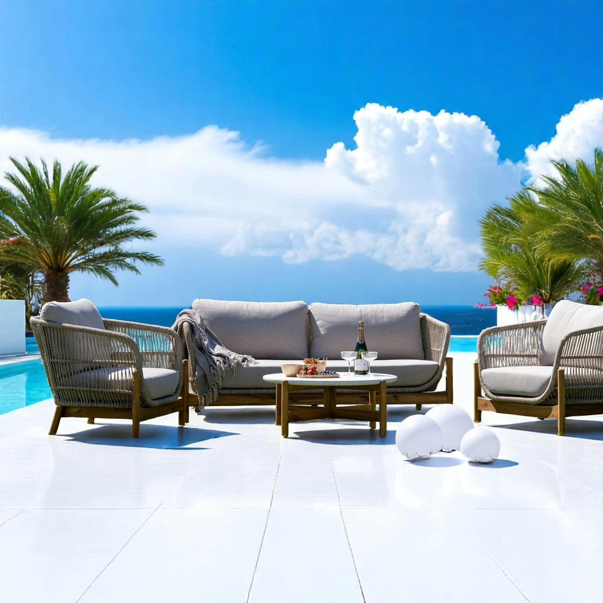 Salon de jardin en bois d'acacia et corde (1 canapé, 2 fauteuils, 1 table basse ronde) MENDOZA