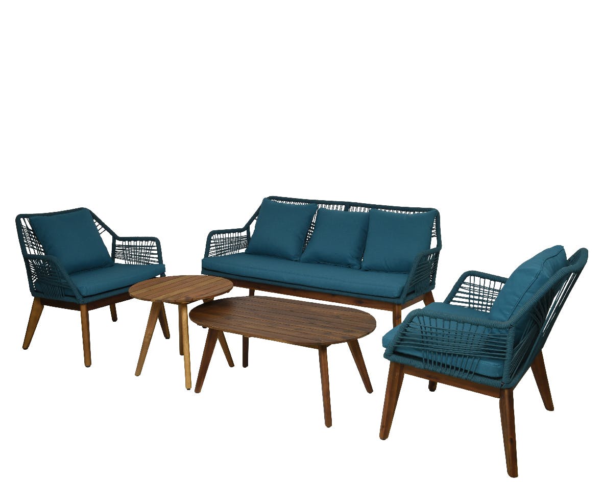 Salon de jardin en bois d'acacia et corde couleur lagon (ensemble de 5 pièces) SOUTH BEACH
