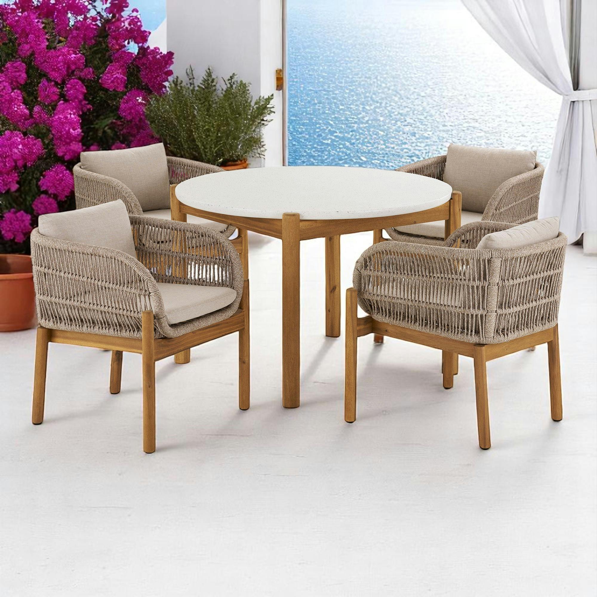 Salon de jardin en bois d'acacia et corde tressée (1 table de jardin ø120 cm et 4 sièges) MENDOZA