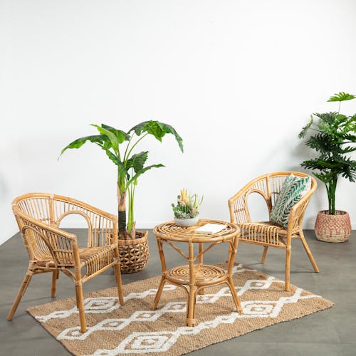 Salon de jardin en rotin naturel (2 fauteuils, 1 table basse) COPENHAGUE