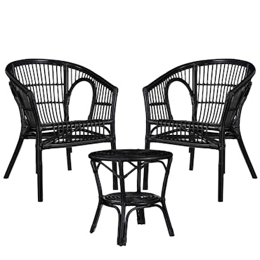 Salon de jardin en rotin noir (2 fauteuils, 1 table basse) COPENHAGUE