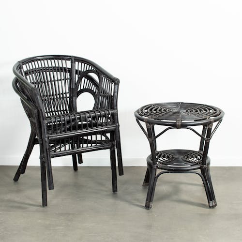 Salon de jardin en rotin noir (2 fauteuils, 1 table basse) COPENHAGUE