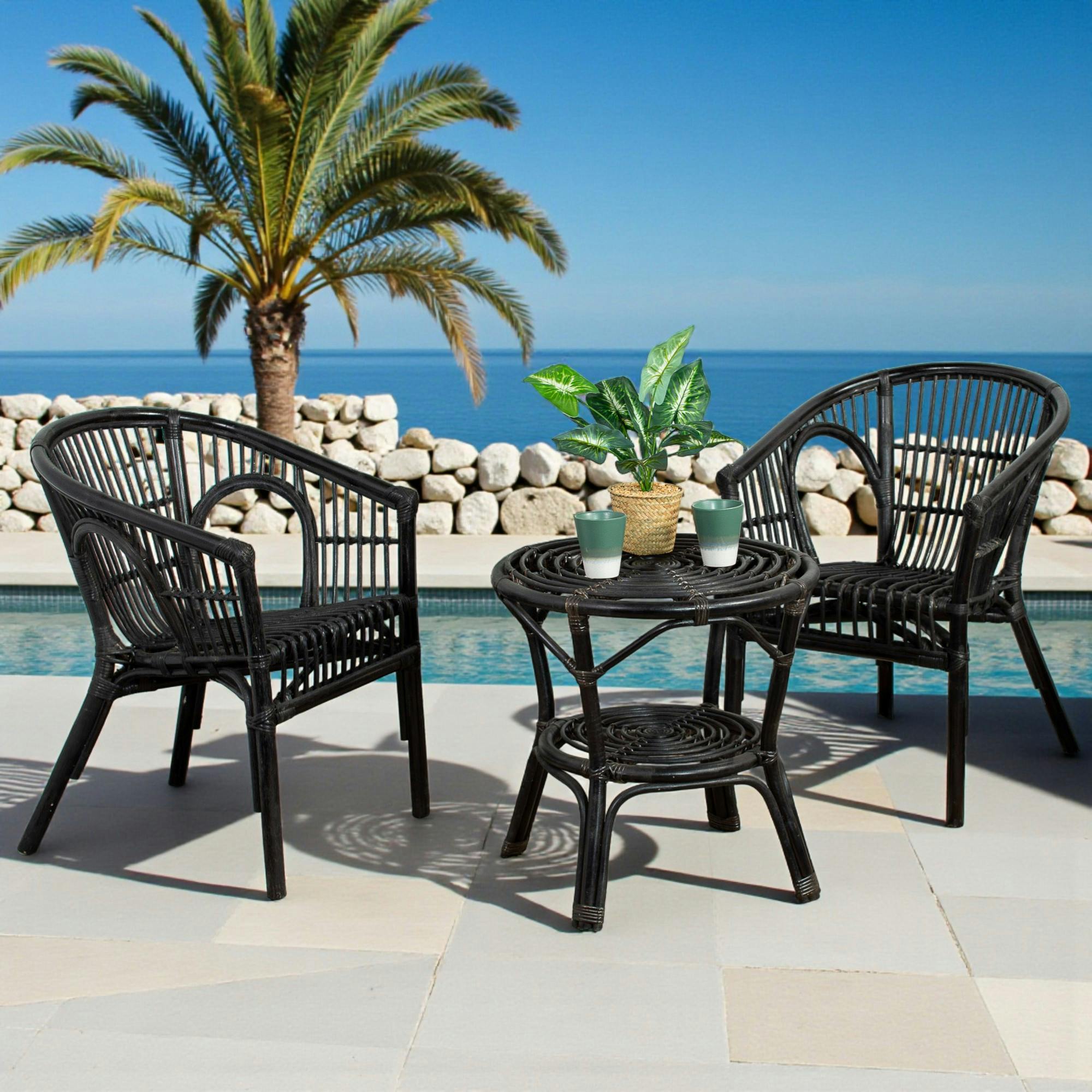 Salon de jardin en rotin noir (2 fauteuils, 1 table basse) COPENHAGUE