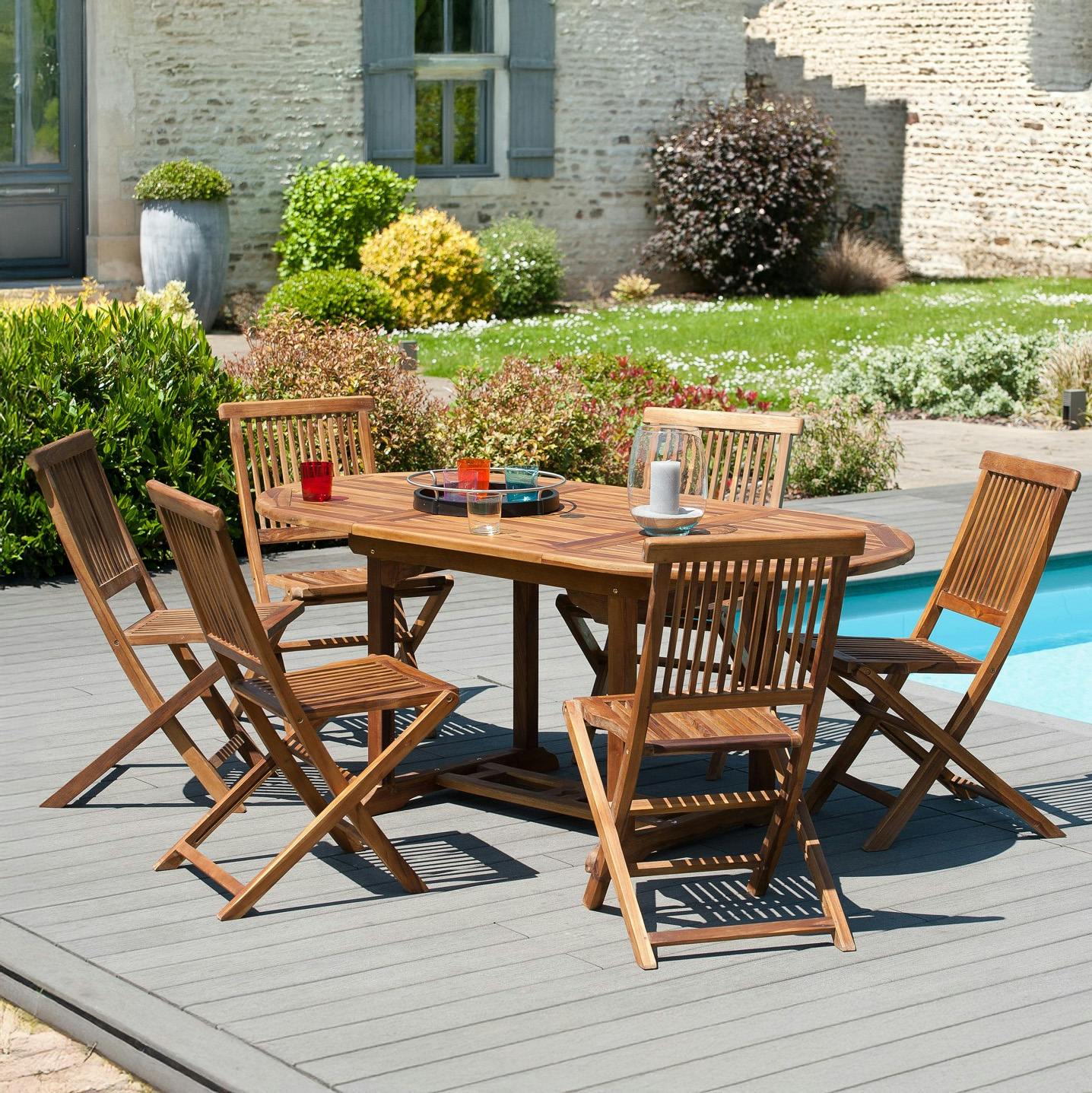 Salon de jardin en teck huilé Table ovale 120/180cm 6 chaises MACAO