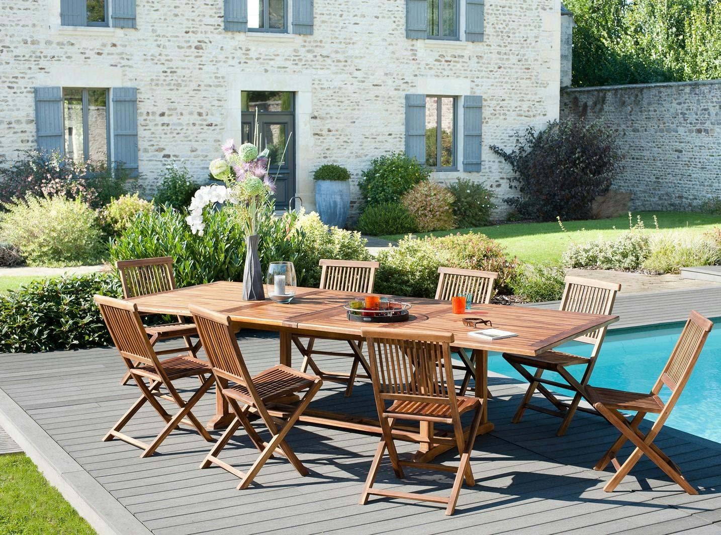 Salon de jardin en Teck massif huilé Table extensible 200/300x120x75cm + 8 Chaises  MACAO