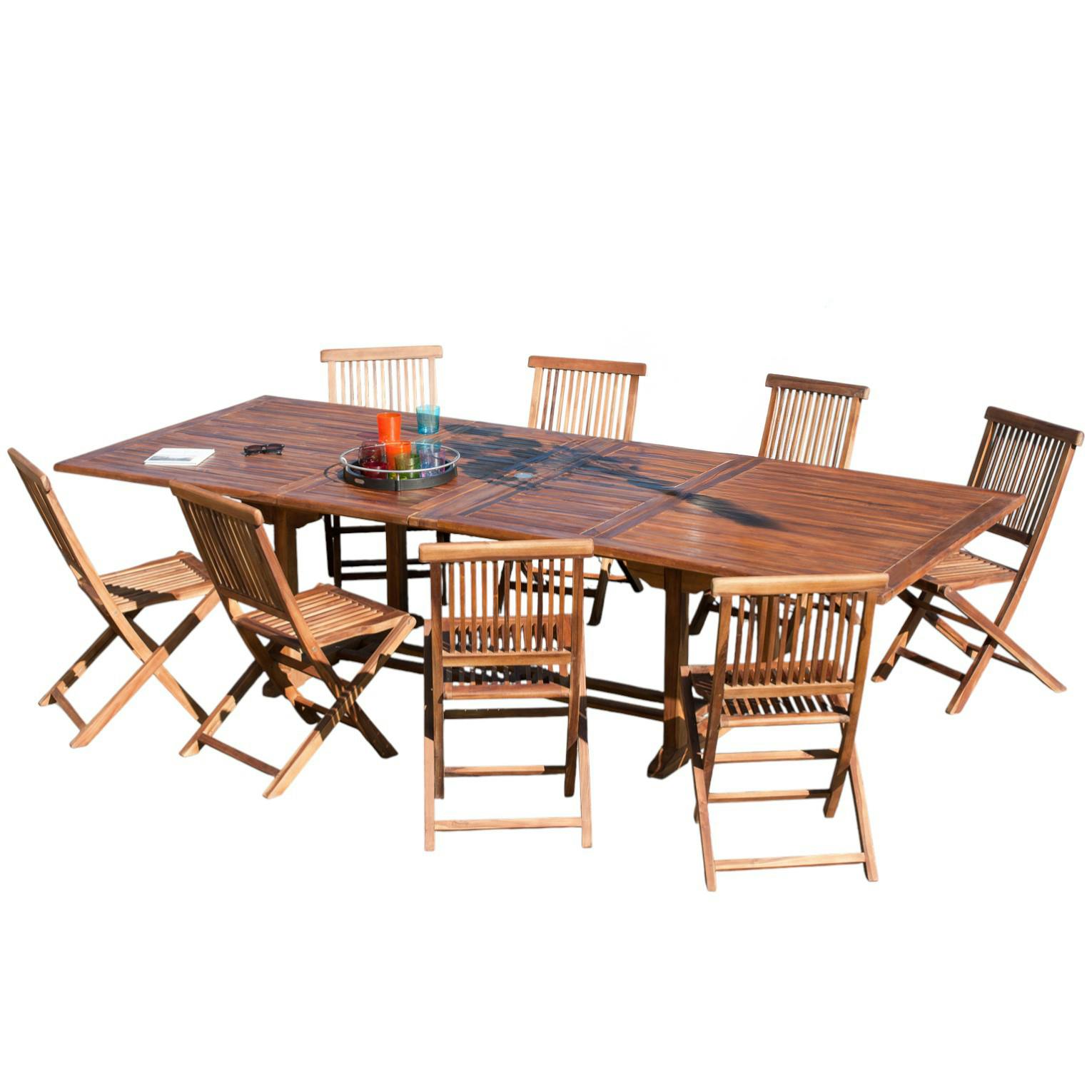 Salon de jardin en Teck massif huilé Table extensible 200/300x120x75cm + 8 Chaises  MACAO