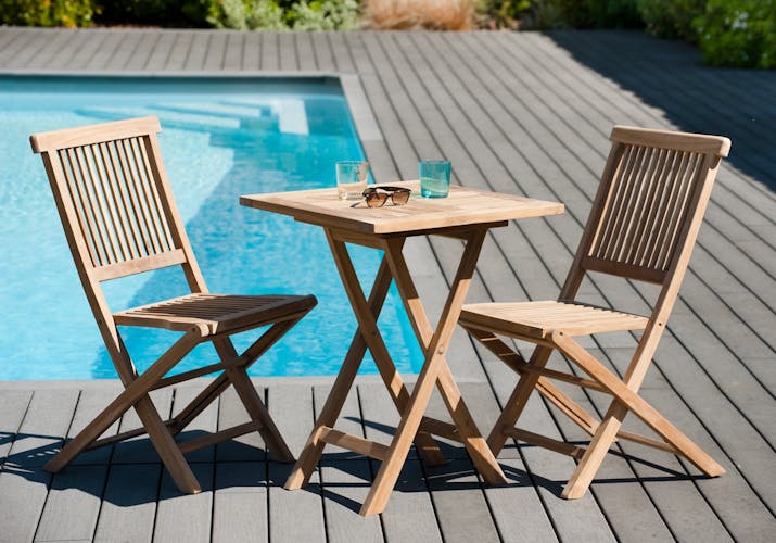 Salon de jardin en teck Table carrée 60 cm et 2 chaises Java pliantes SUMMER