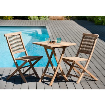  Salon de jardin en teck Table carrée 60 cm et 2 chaises Java pliantes SUMMER