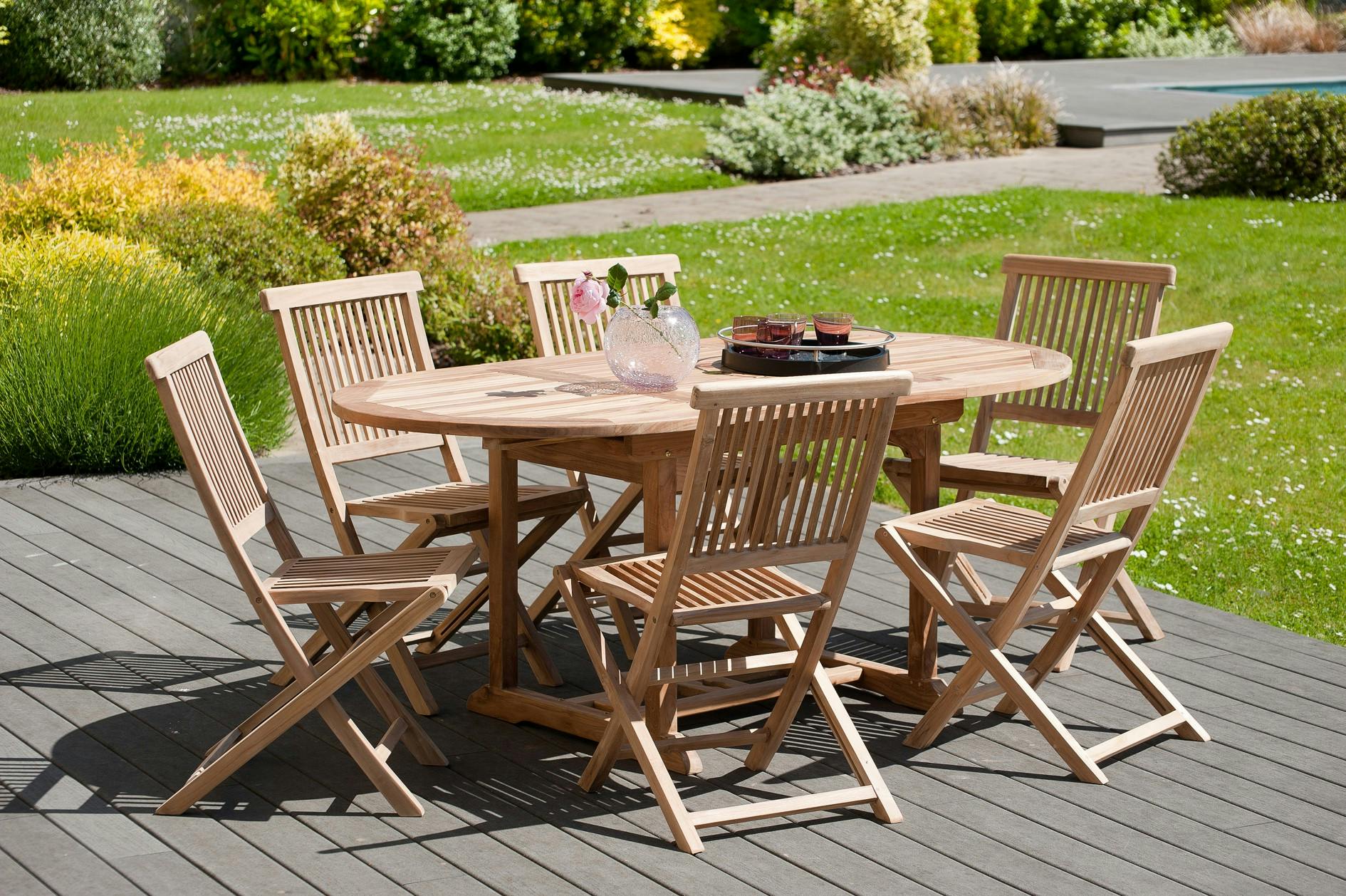 Salon de jardin en teck Table ovale 120/180 cm et 6 chaises Java pliantes SUMMER