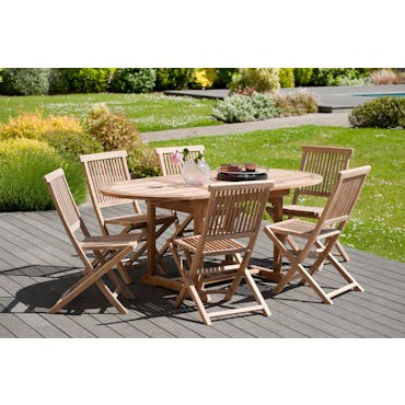  Salon de jardin en teck Table ovale 120/180 cm et 6 chaises Java pliantes SUMMER